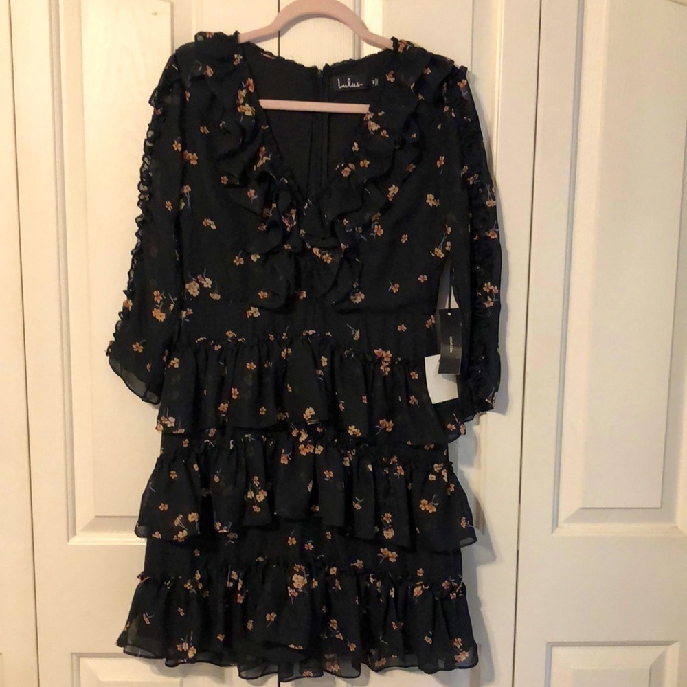 Lulu's Black Ruffle Tiered Floral High-Low Dress